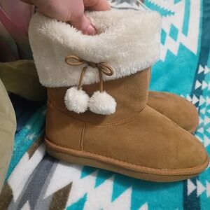 Target Tan and Cream Faux Fur Boots W/ Puffballs